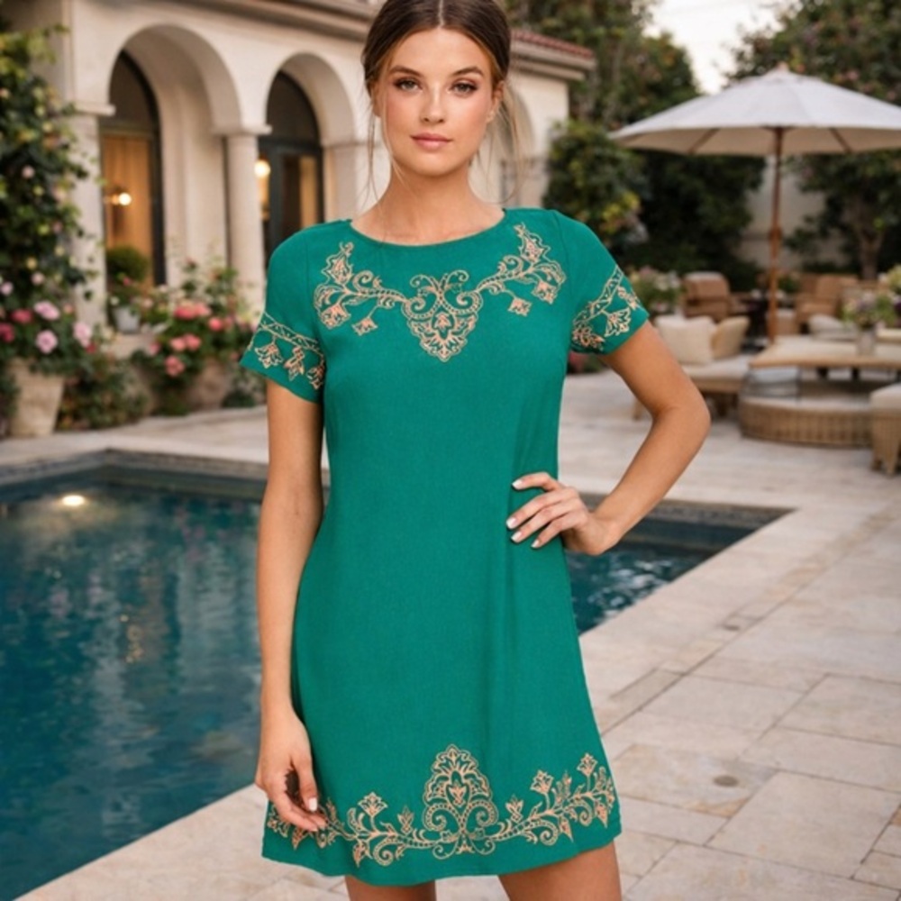 Lulus Women's Tale to Tell Pink and Green Embroidered Shift Dress NWT XS #1353